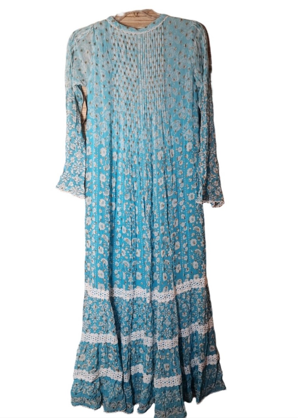 0HEMANT & NANDITA Aqua Blue Mairi Maxi Dress with White Lace Med Nwt - Picture 3 of 10